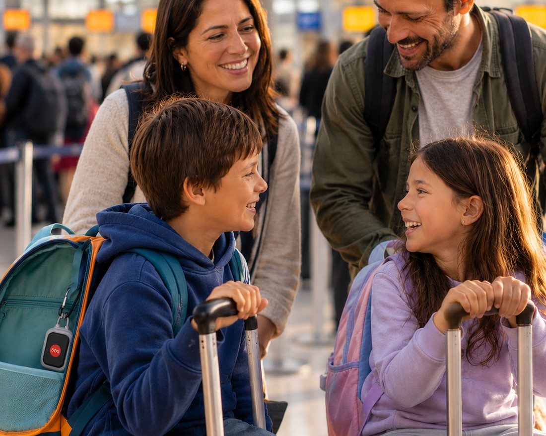 Familia en el aeropuerto — dispositivo en la mochila