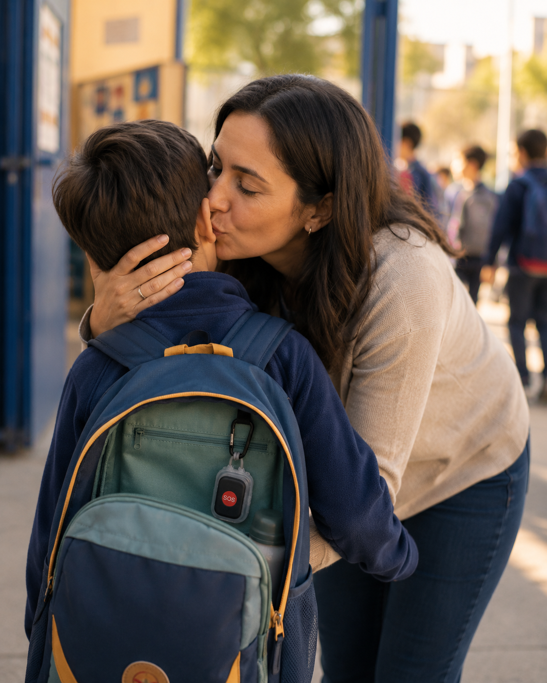 Despedida en la puerta del colegio — tranquilidad en el momento que importa