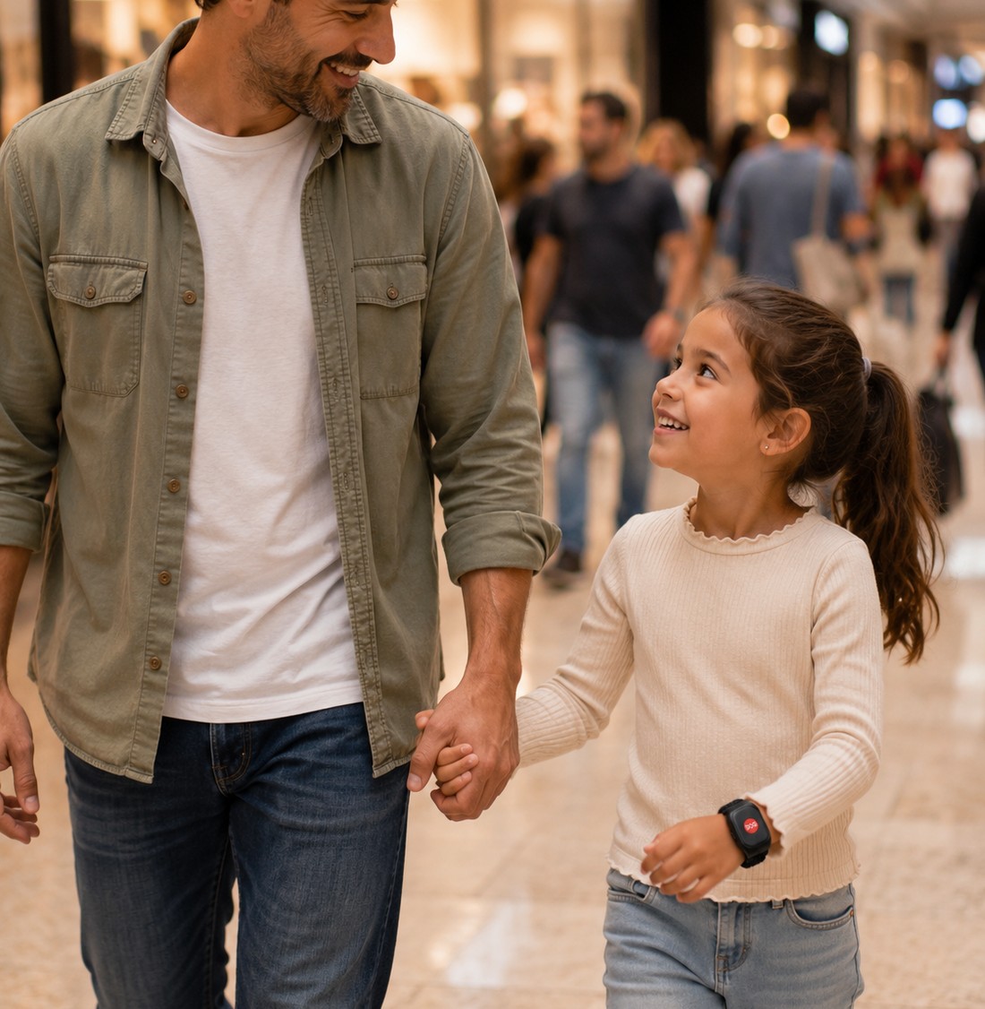Familia en el mall — dispositivo en la muñeca