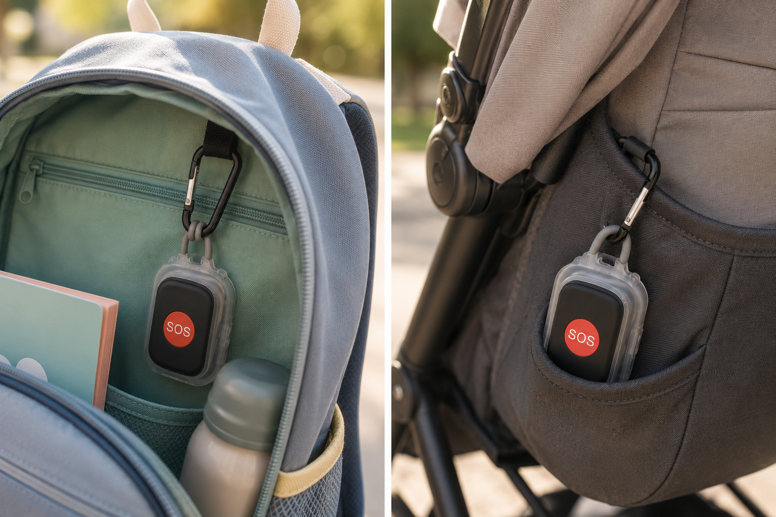 Zeki colgado dentro de la mochila con mosquetón